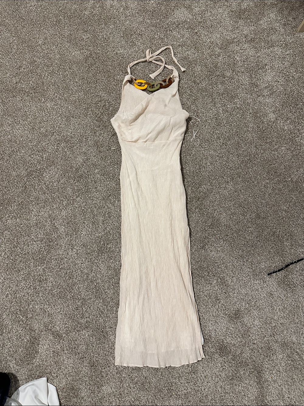 Zara Cream Textured Halter Maxi with Chain Detail